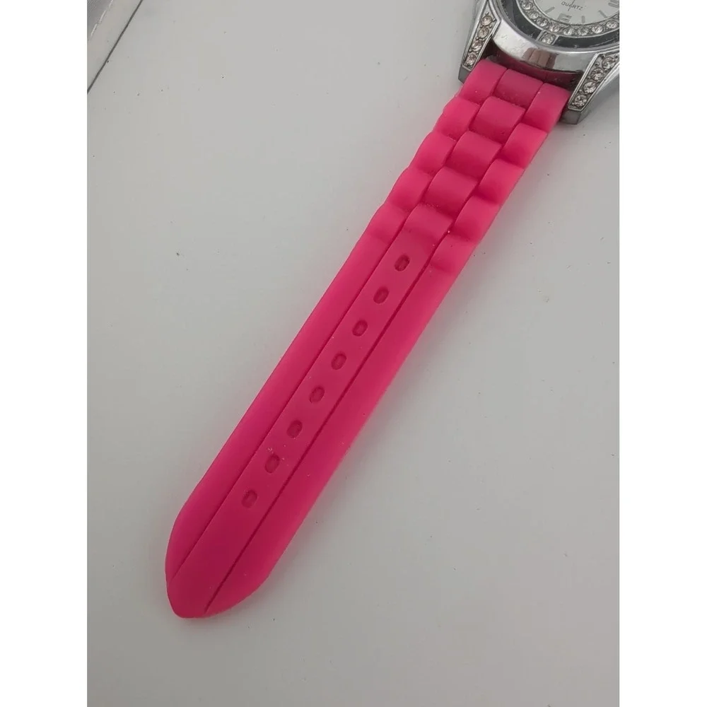 Yunkou Women's Watch 38mm Silver Case Pink Silicone Band- New Battery